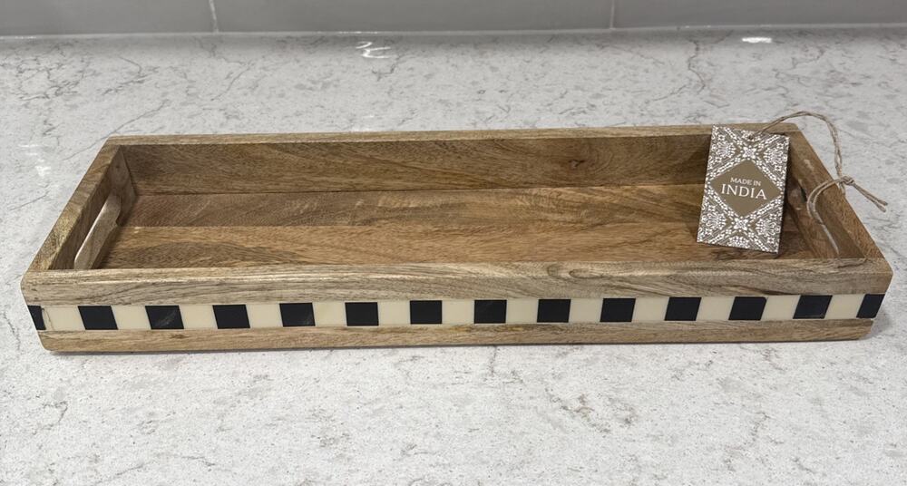 Checkered Black & White Enamel Inlay Wood 19x6.5” Table Scape Tray Riser NEW